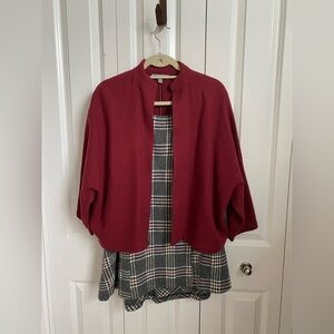 Classiques Entier Wool Burgundy Open-Front Sweater and Plaid Skirt Set